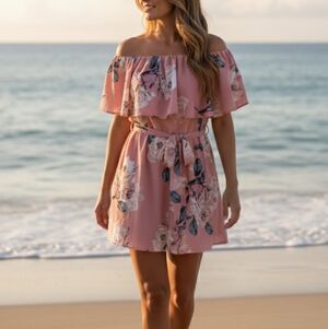 Rose Pink Floral Short Sleeve Waist Tie Mini Dress
